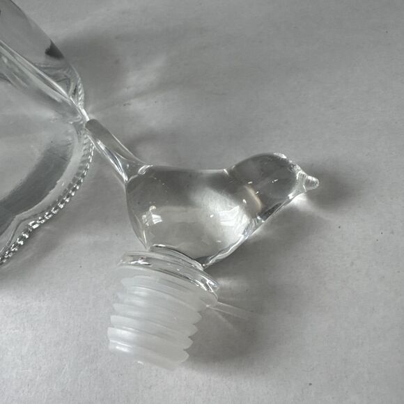 Beautiful Clear Glass Decanter w/ Glass Bird Stopper Scalloped Circular Bottom - Picture 5 of 8